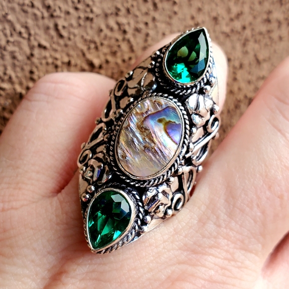 New Abalone Shell & Peridot 925 Silver Statement Ring. - Picture 7 of 16